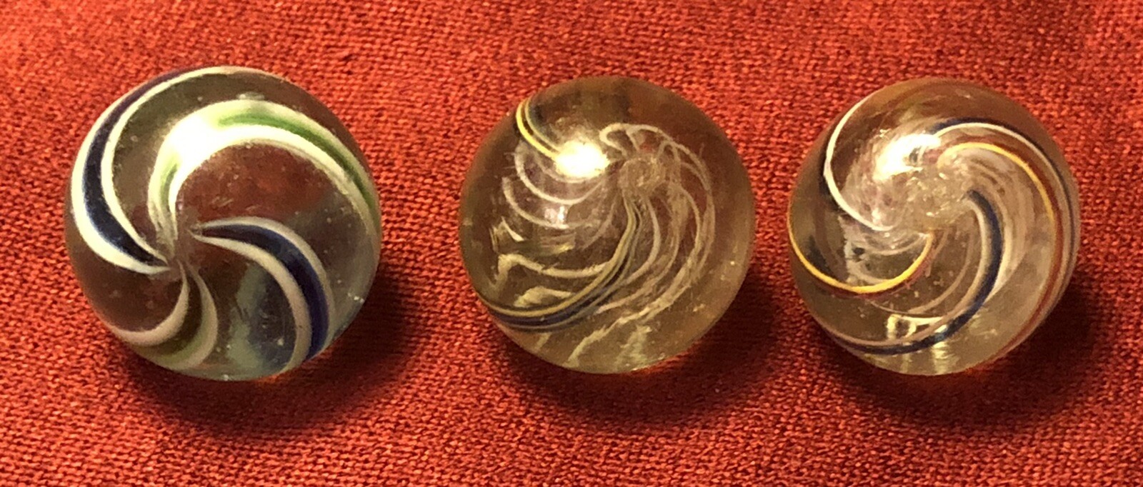 Antique Handblown German Latticinio Ribbon & Divided Core Swirl Marbles wPontils