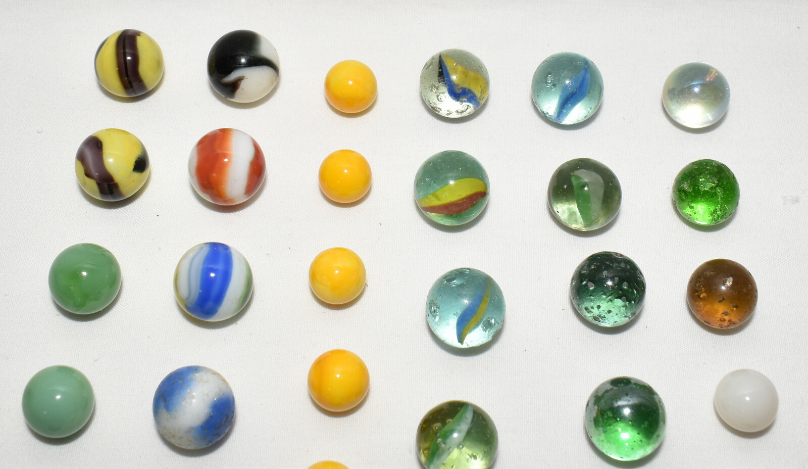 43 Vintage Glass Marbles Yellow Orange Blue Green White Black Various Patterns