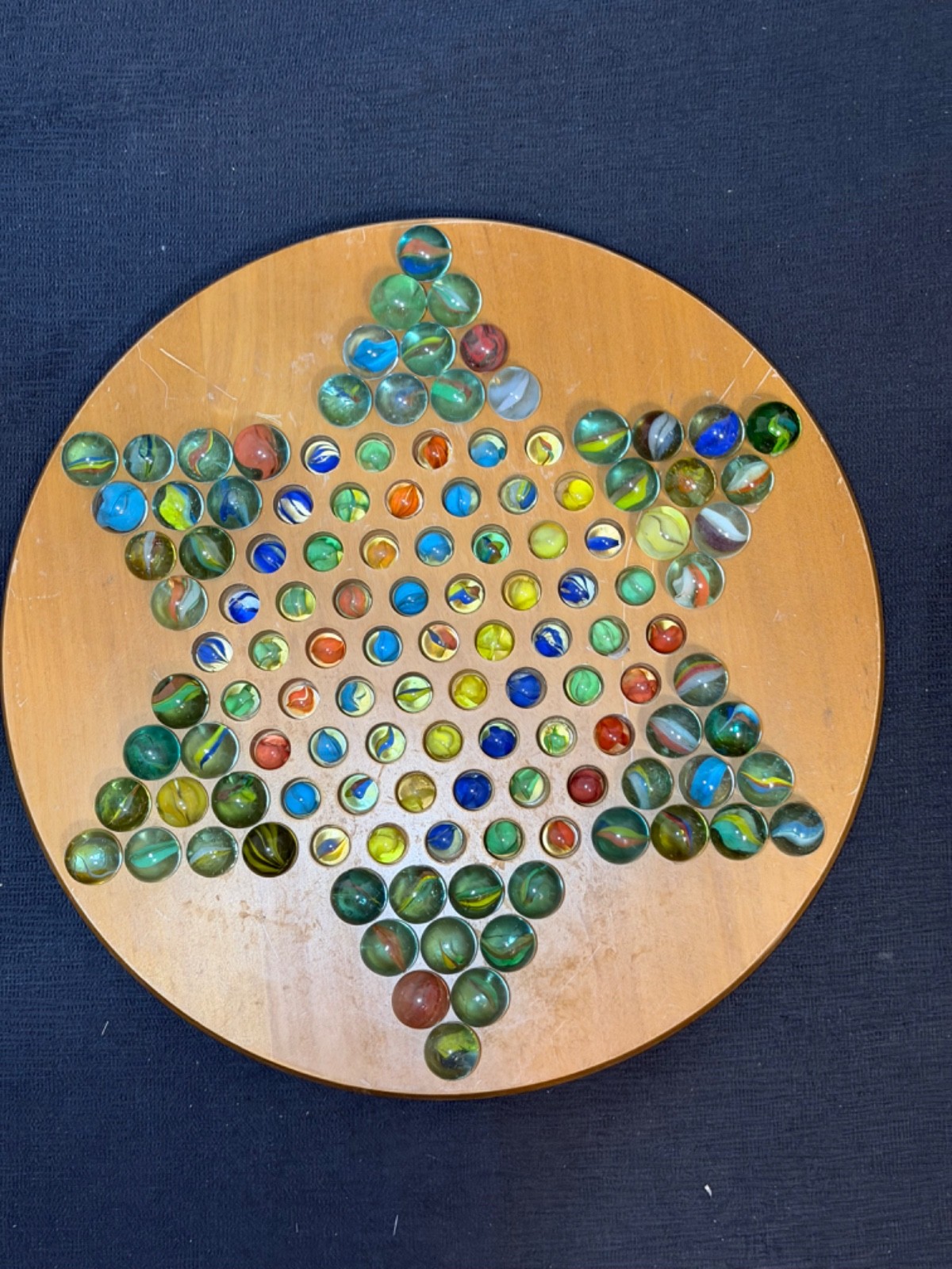 Gnt 15” Vintage Chinese Checker Board Filled w/121 Catseye Marbles 60-1” Shooter