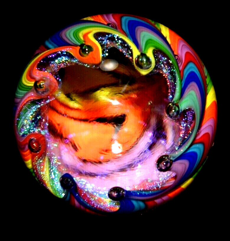 JAMES ALLOWAY HANDMADE MARBLE/2.623″-DICHROIC RAINBOW VORTEX # 3217-LIME,ROYAL +