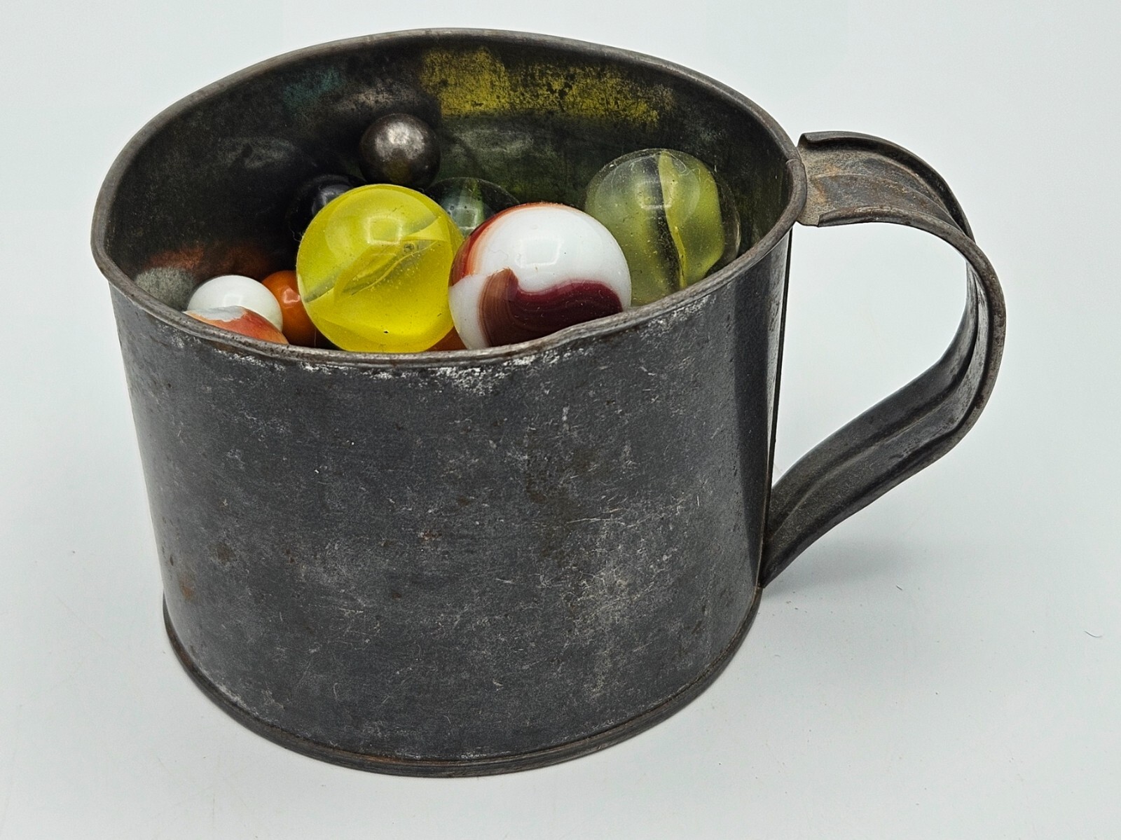 Vintage Marble Lot 30+ Akro Vitro Era Swirls Shooters Steelies in Old Tin Cup