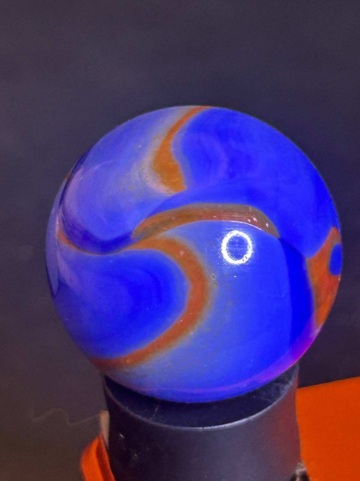 Christensen Agate Co Flame Swirl Marble Cobalt Blue & Orange UV+ .99″ Mint SH31