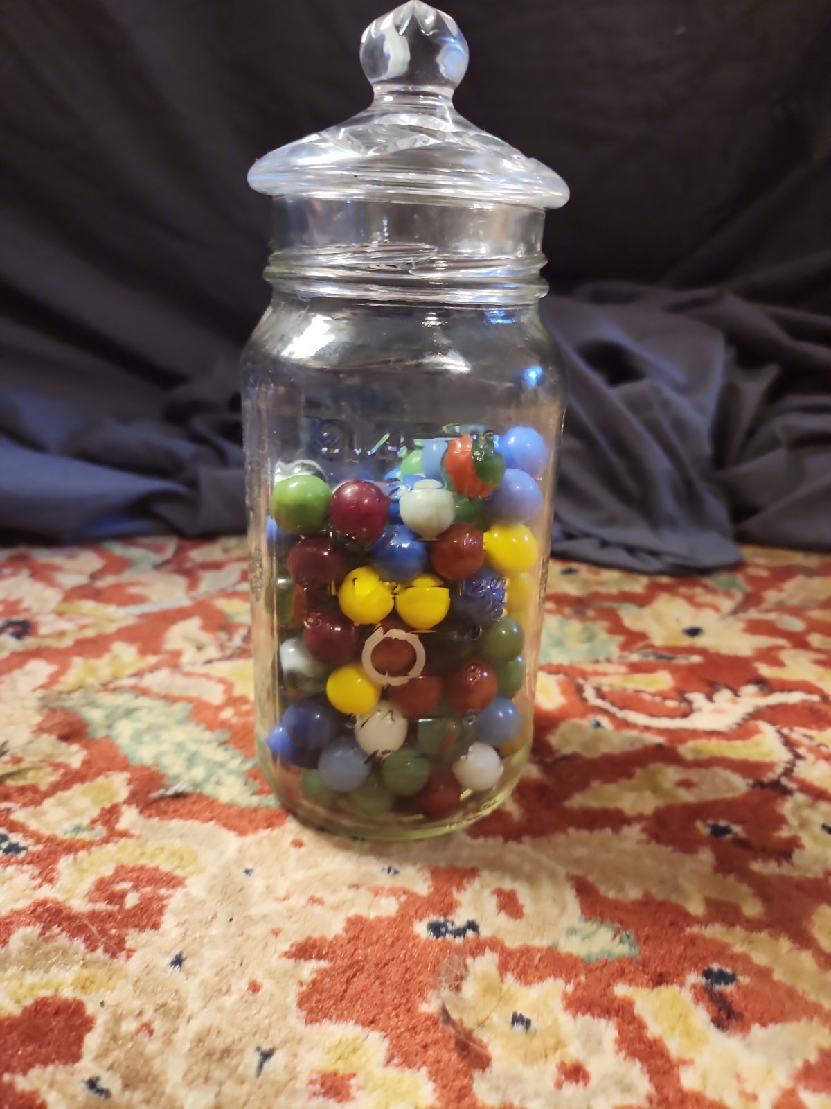 Vintage Glass Mason Jar Filled with Assorted Collectible Glass Marbles
