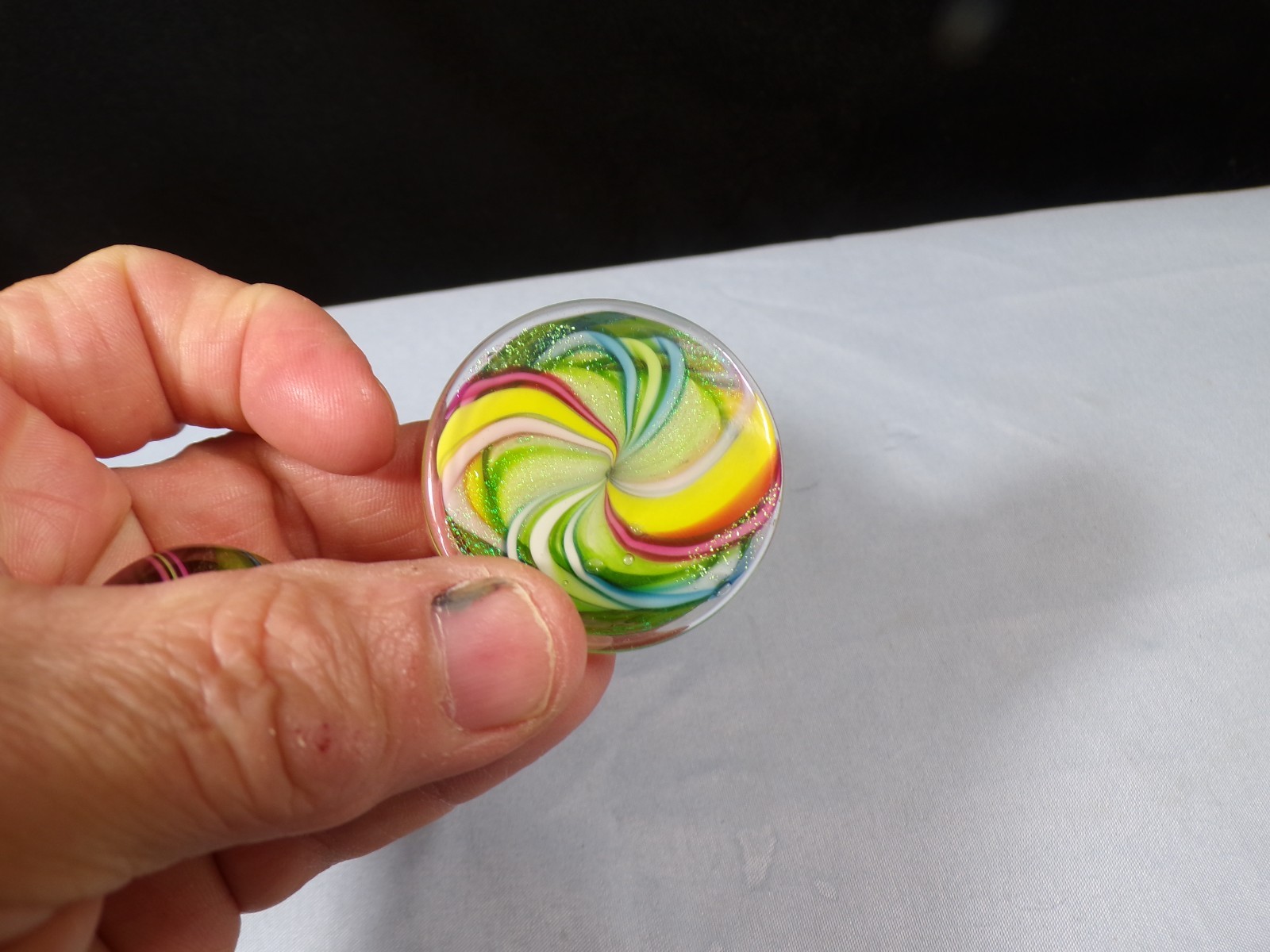 Bobbie Seese Contemporary Multicolored Art Glass Marble w/ Matching Glass Base
