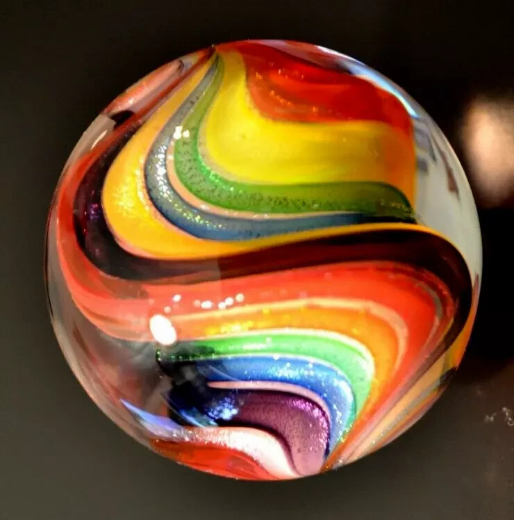 EDDIE SEESE GLASS MARBLE/1.839″-EXOTIC RAINBOW TRANS.DEEP LOBE DRT-WORLDWIDE