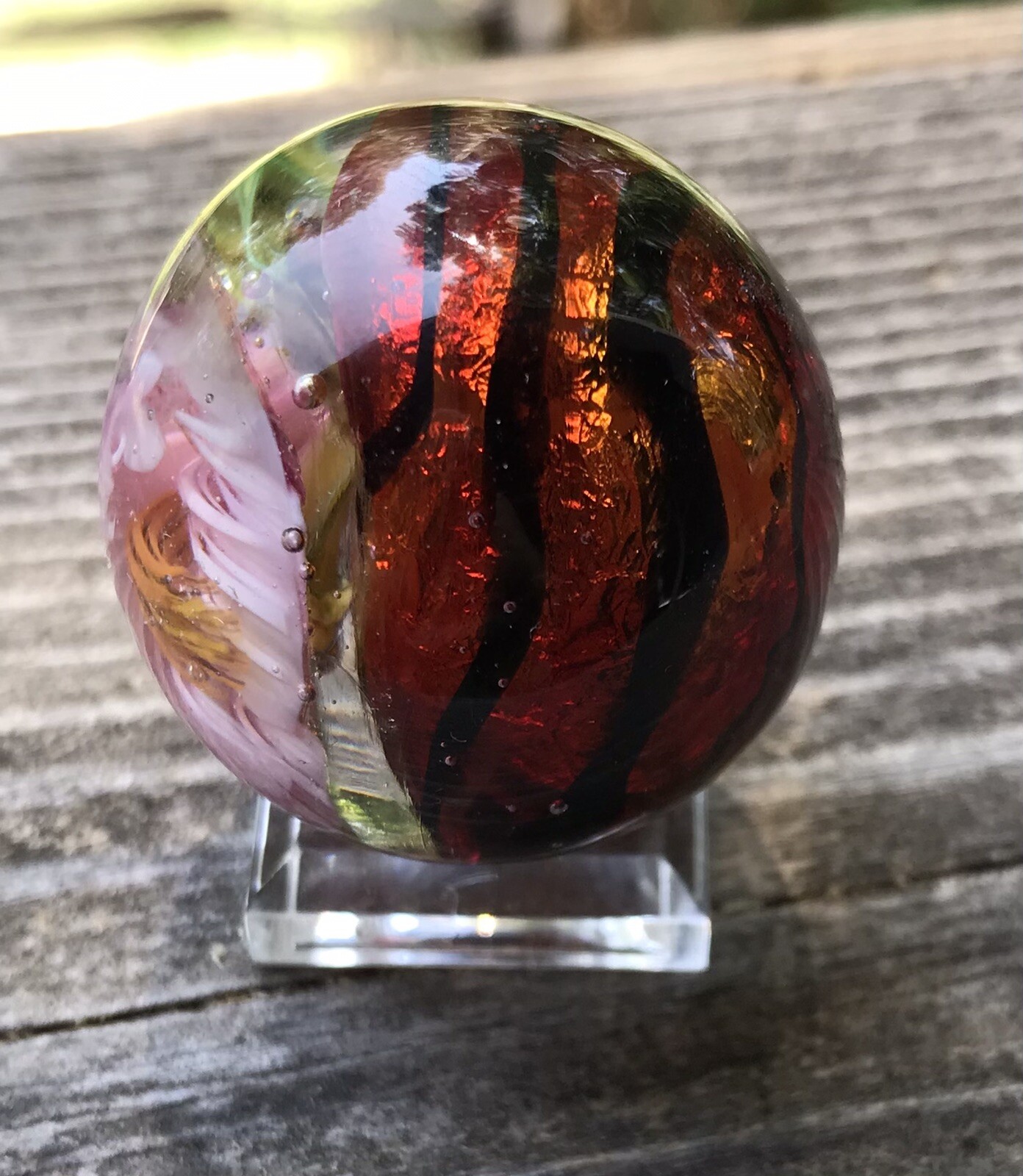 handmade art glass marble Experimental Pink Flower Silver Foil Made In KC