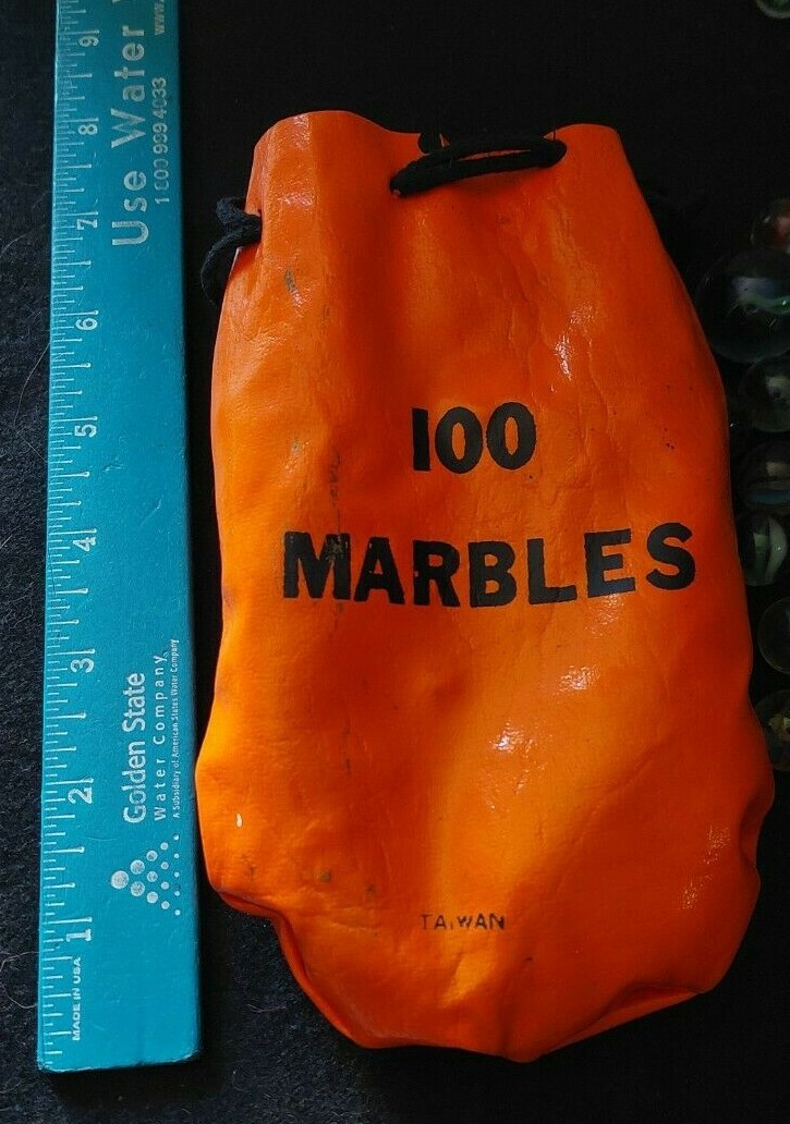 1980’S ORANGE “100 MARBLE” VINYL POUCH. MADE IN TAIWAN. ALL ORIGINAL GLASS