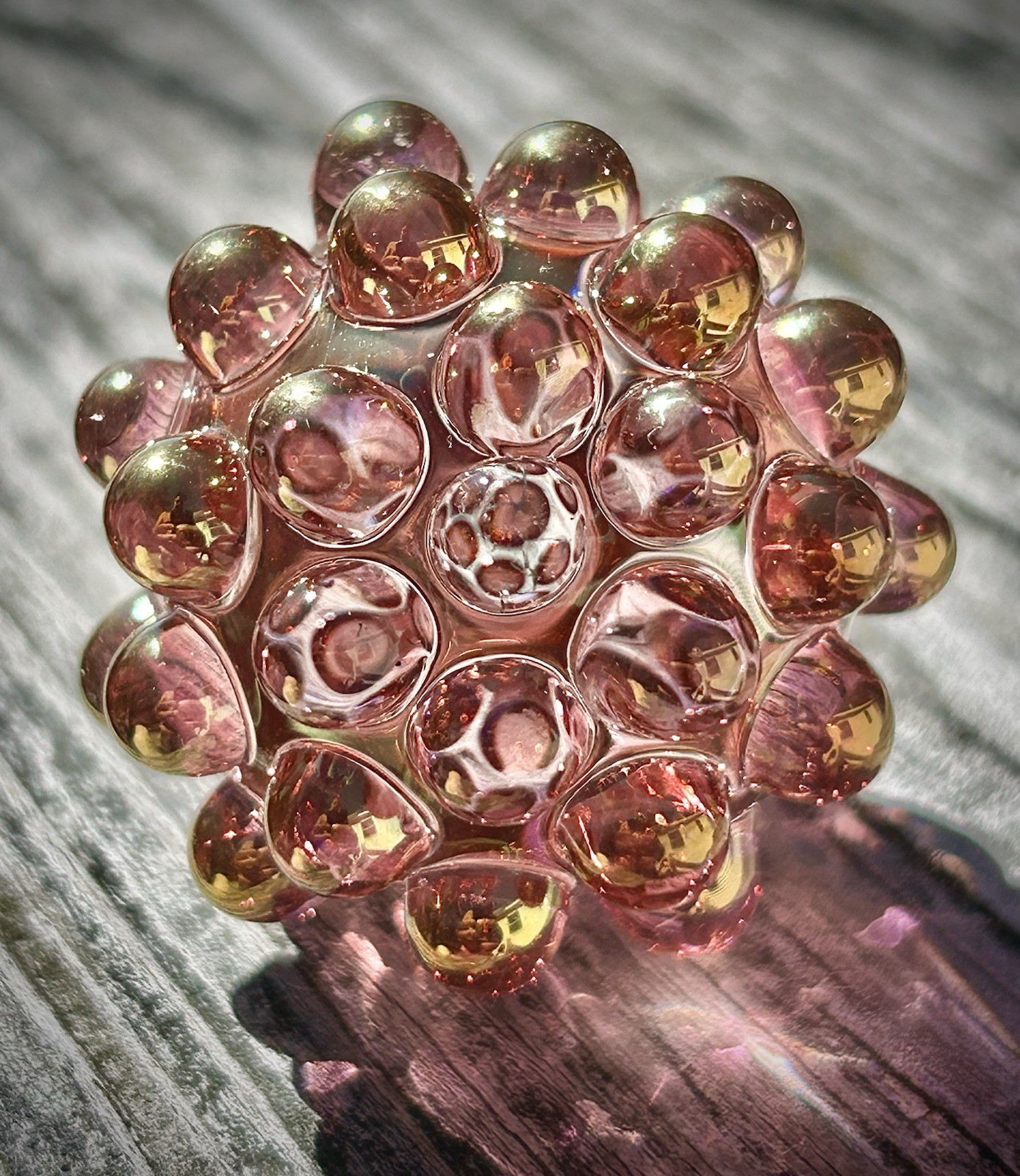 Hand Blown Gold Silver Fume Hobnail Marble Art Glass Paperweight Contemporary
