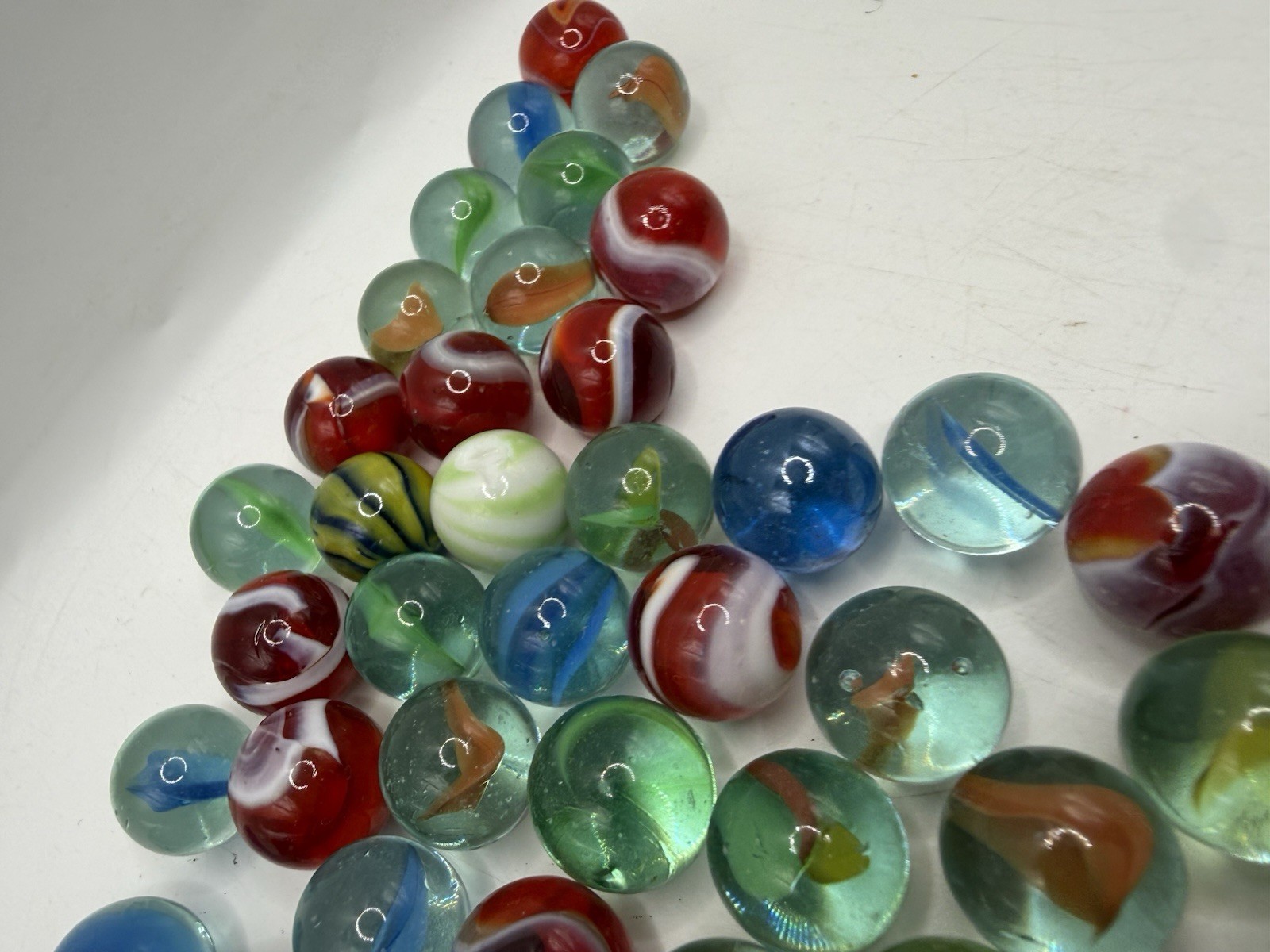 Assorted Vintage Marbles in Small Glass Mason Jar, Asst 50 As Seen Pics