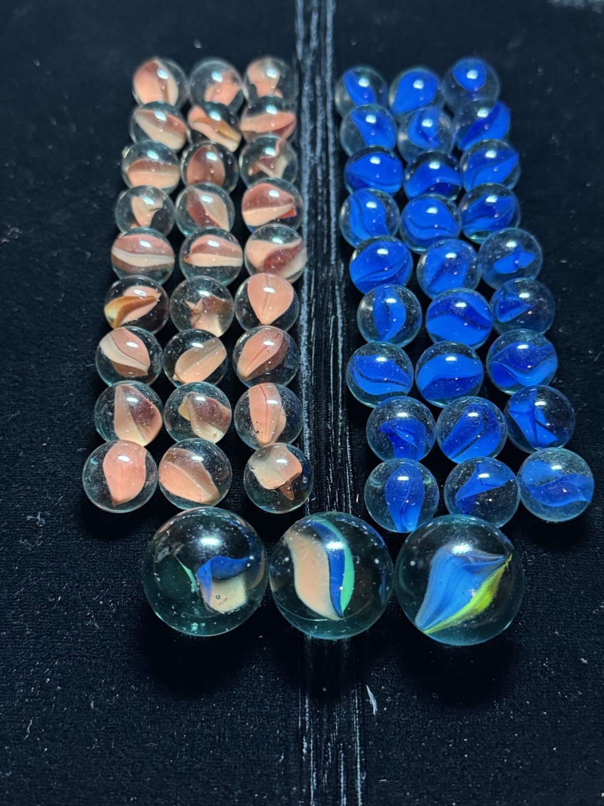 Lot Of 57 Vintage Cats Eye Marbles Single Color 27 BLUE/27 RED/3 SHOOTERS