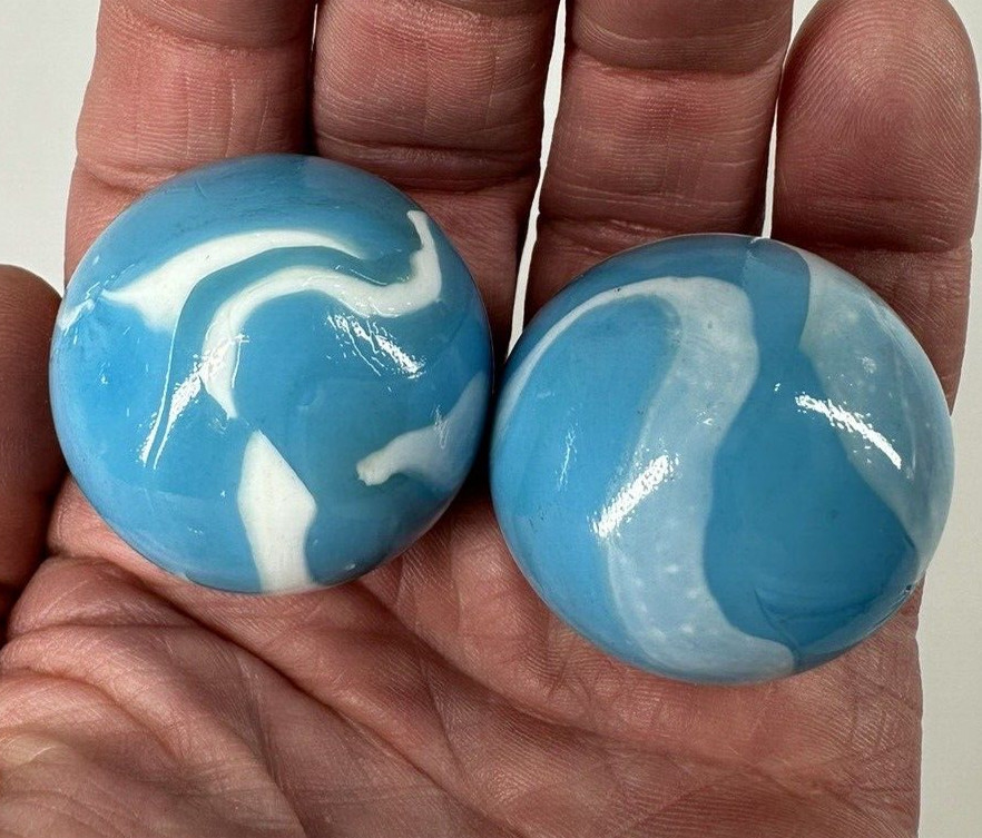 2 BOULDERS 35mm NEPTUNE Marbles Glass Blue/White LARGE HUGE Swirl