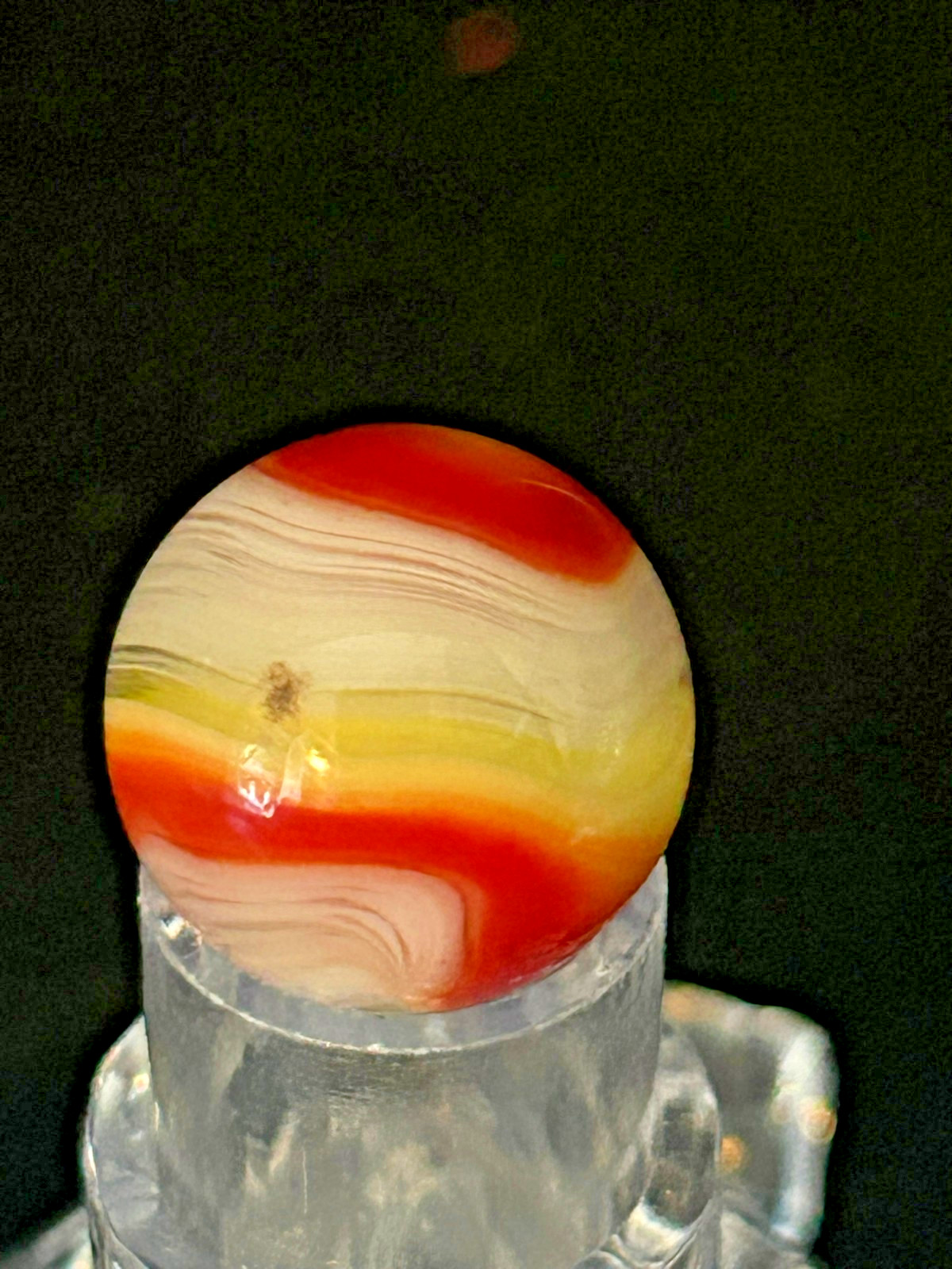Vintage Akro Agate Popeye Marble, Red-Orange/Yellow/White, .65″, Wet Mint, #AP10