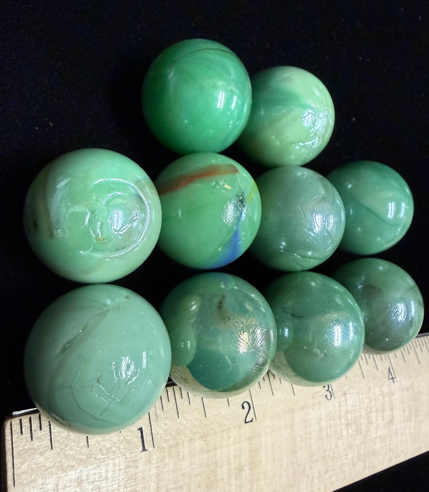 Vintage Glass Marbles Green, 24mm, 1 inch Approximately, Set of 10