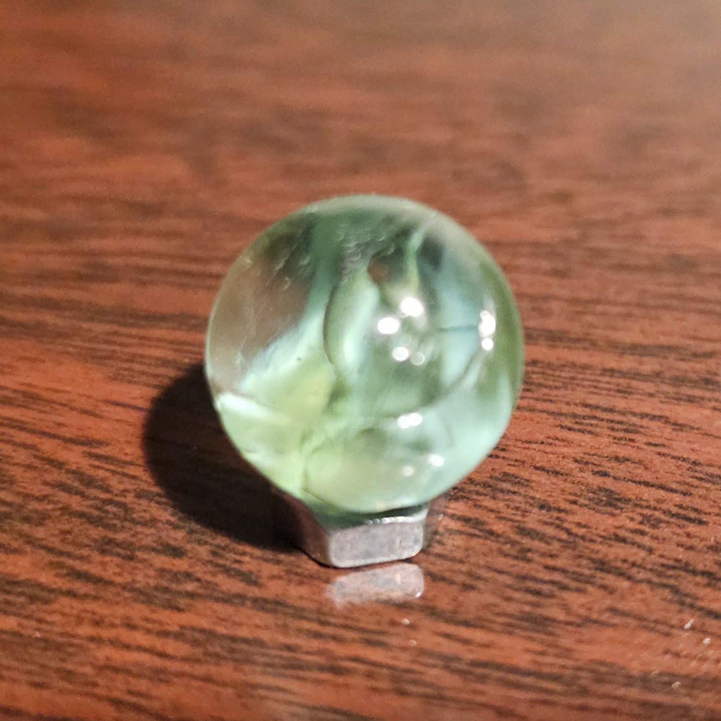 Vintage Vacor Green Spaghetti Ribbon .593″ Glass Marble w Huge Cold Roll Gash
