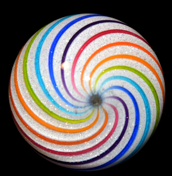 HOT HOUSE GLASS MARBLE/1.536″-WHITE DICHROIC SNOWBALL W/RAINBOW-APRICOT,TURQ.