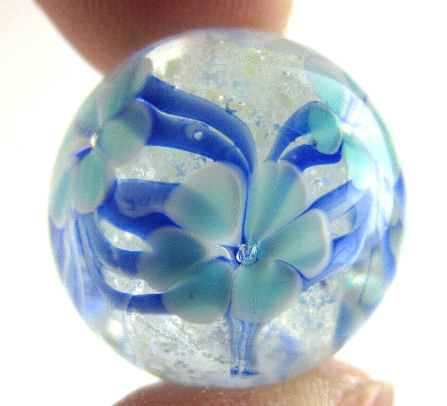 22mm ASTER Blue Flower GLOW IN THE DARK Handmade art glass Marble 7/8″ SHOOTER