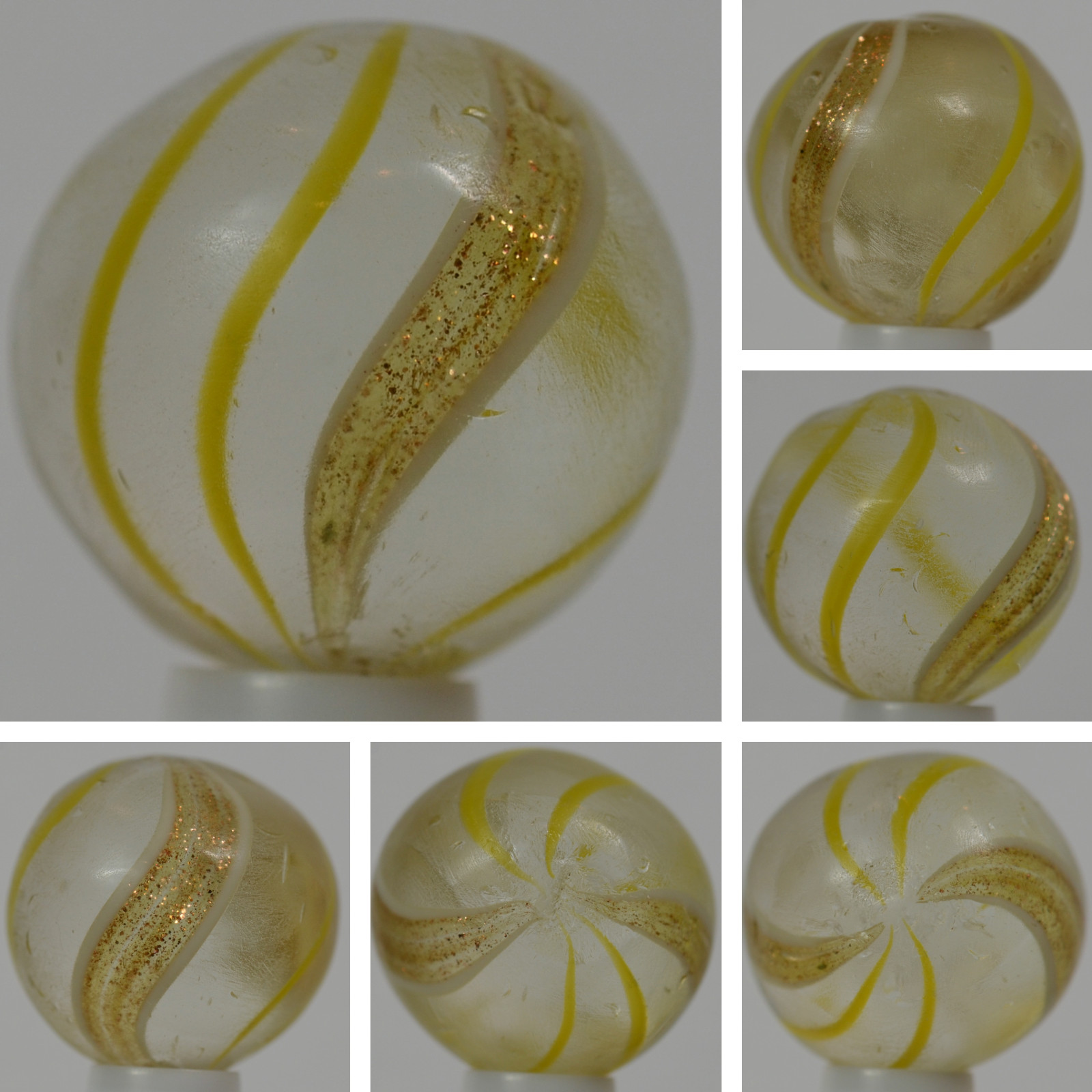 Handmade Yellow Banded Lutz Marble, 11/16 in, Polished, Germany, 1860-1920 S1310