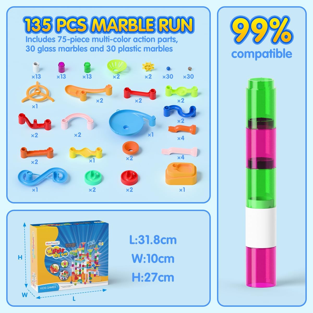 Marble Run for Kids,135 PCS Maze Track Set – Educational Building…
