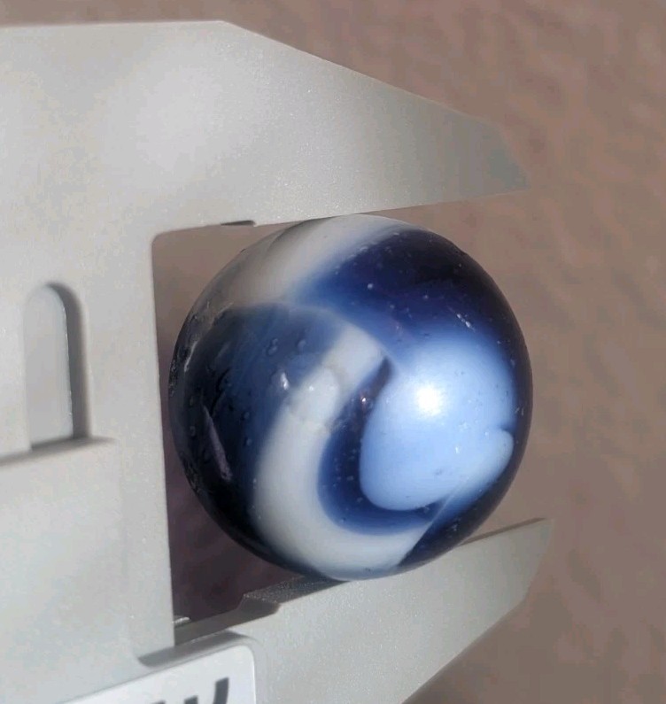 Blue White Glass Marble Shooter .98 Swirl Patches Hit Marks Opaque Vintage Toy