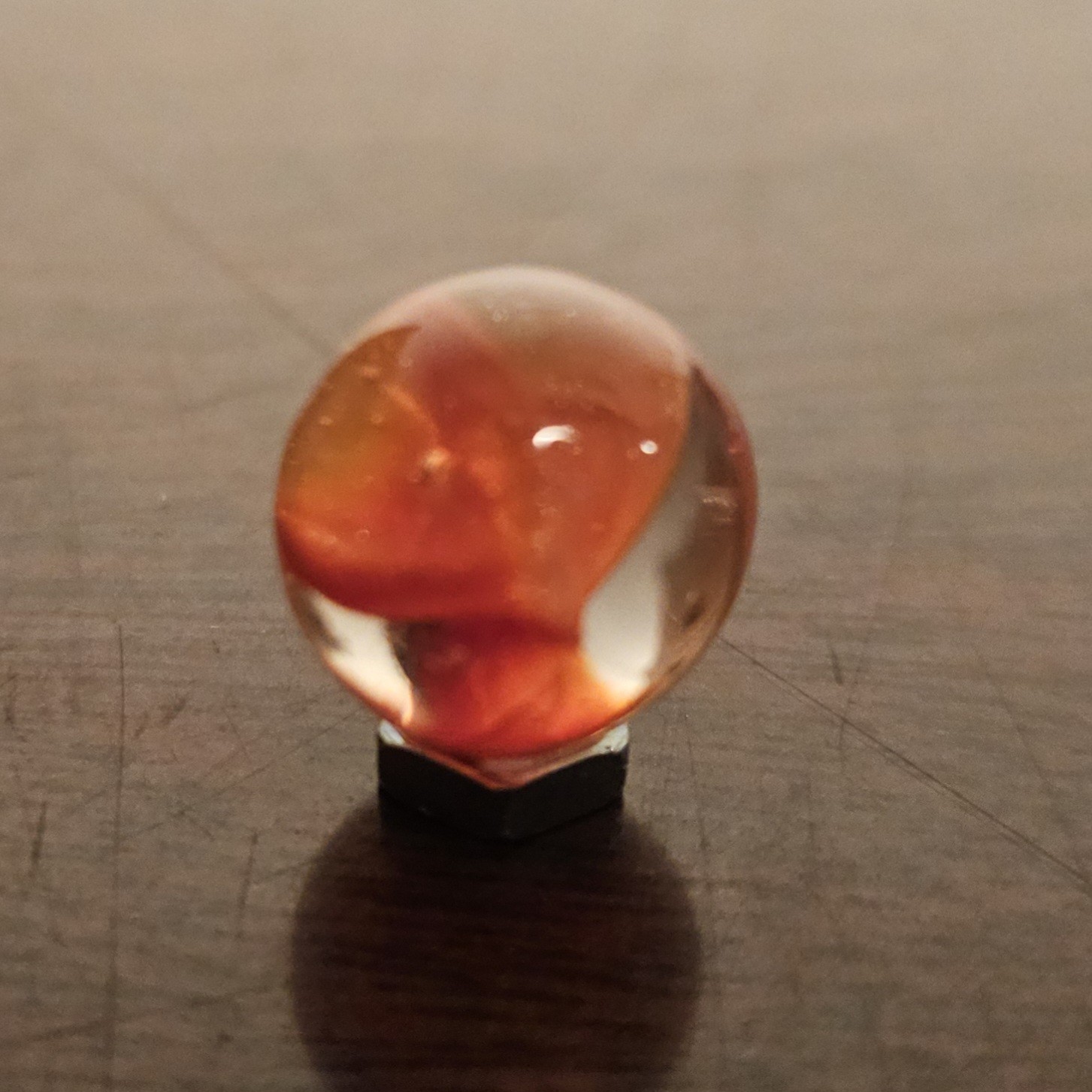 C E Bogard Orange 4- Lobe Floppy Cats Eye Clear Glass .593 Marble