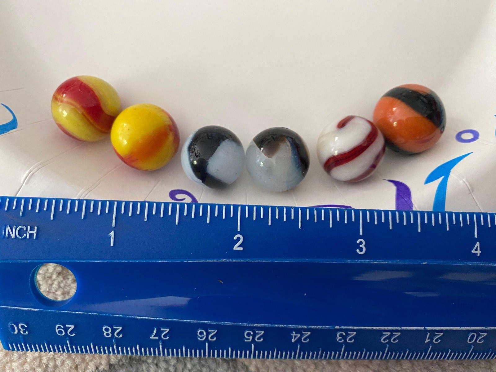 Six antique Marbles Two Color Corkscrew Patch Swirls (yellow orange) Two-colored