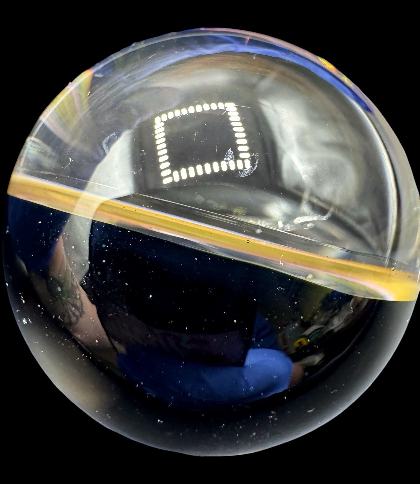 Large Art Glass Boro Marble Sphere 1.95” Swirl Fumed Yellow Orange Green Bubble