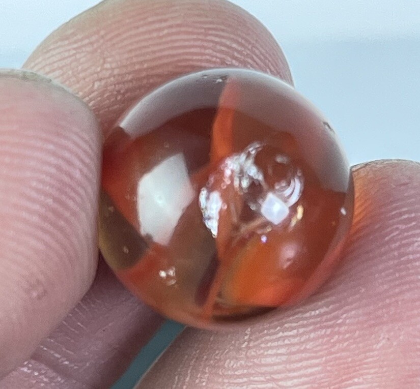 Vintage Akro Agate Peltier Art Swirl Glass Marble .61” Orange And Clear