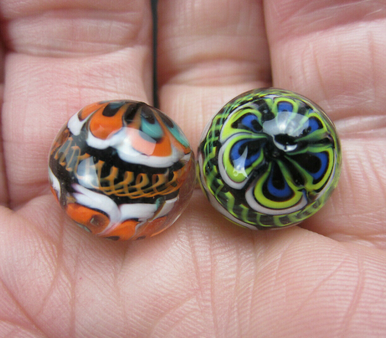 2 RINKY-DINK 16mm Handmade Art Glass Orange Blue Green Lattice Design Marbles