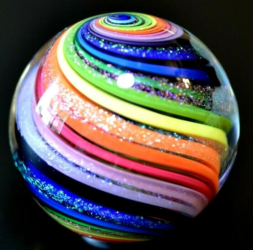 EDDIE SEESE GLASS MARBLE/2.00″-RAINBOW DICHROIC SPLENDOR-GREEN LUTZ,VIOLET,YLW+