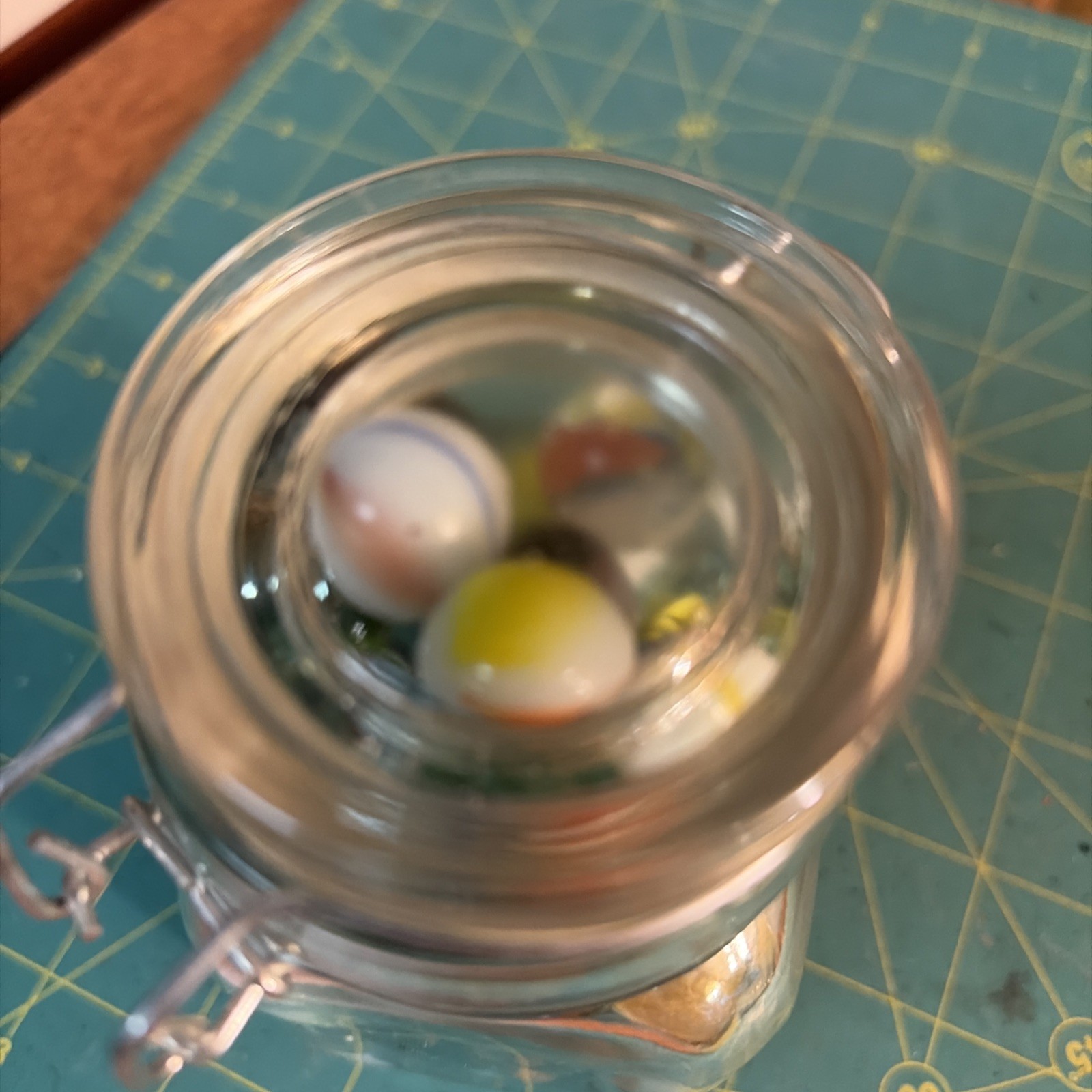Vintage Set Of 68 Marbles 5” Wire Clasp Jar. Marbles Are Colorful And One Large
