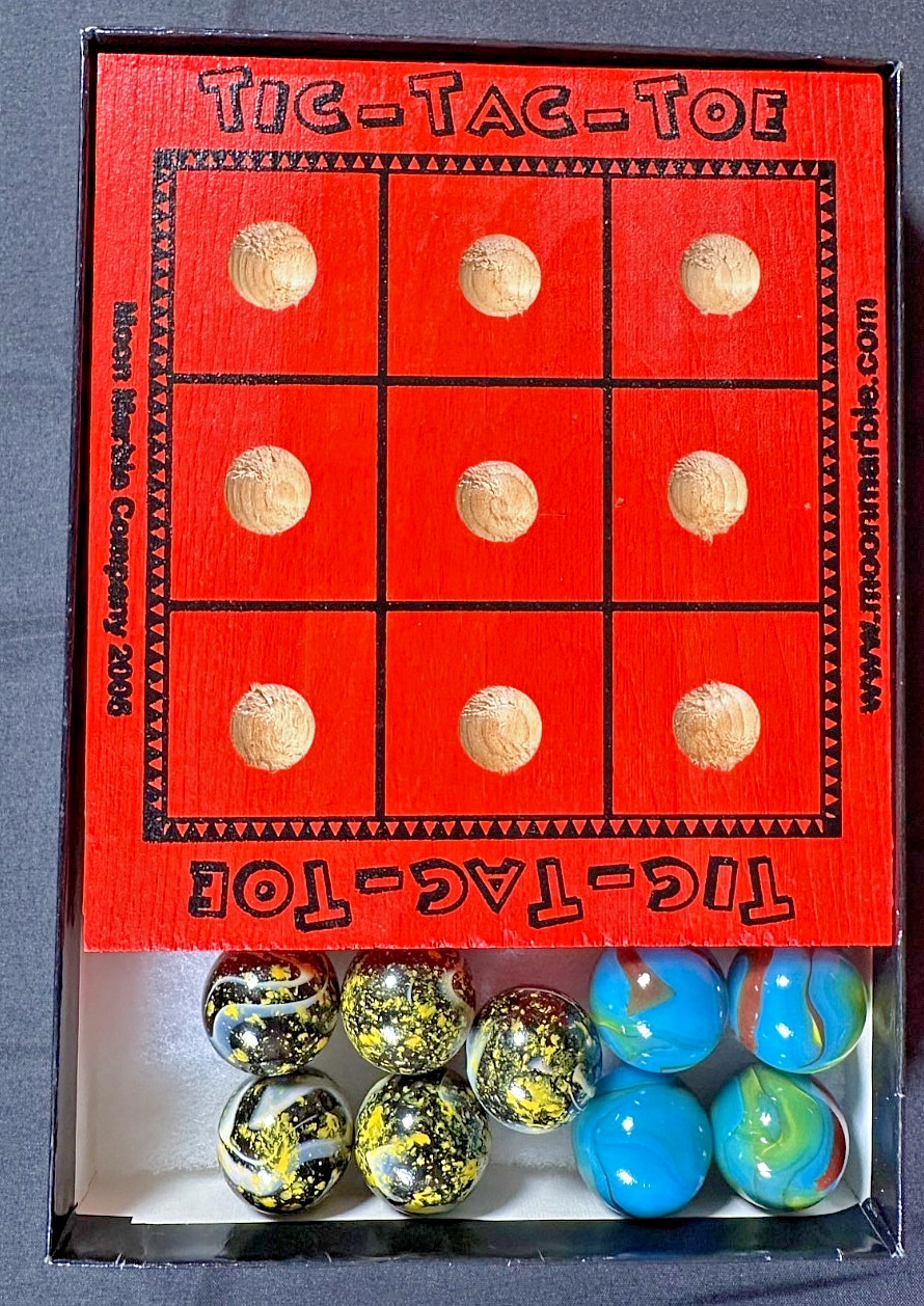 Vintage 2006 Moon Marble Company Tic-Tac-Toe Game Wooden Board Boulder Marbles