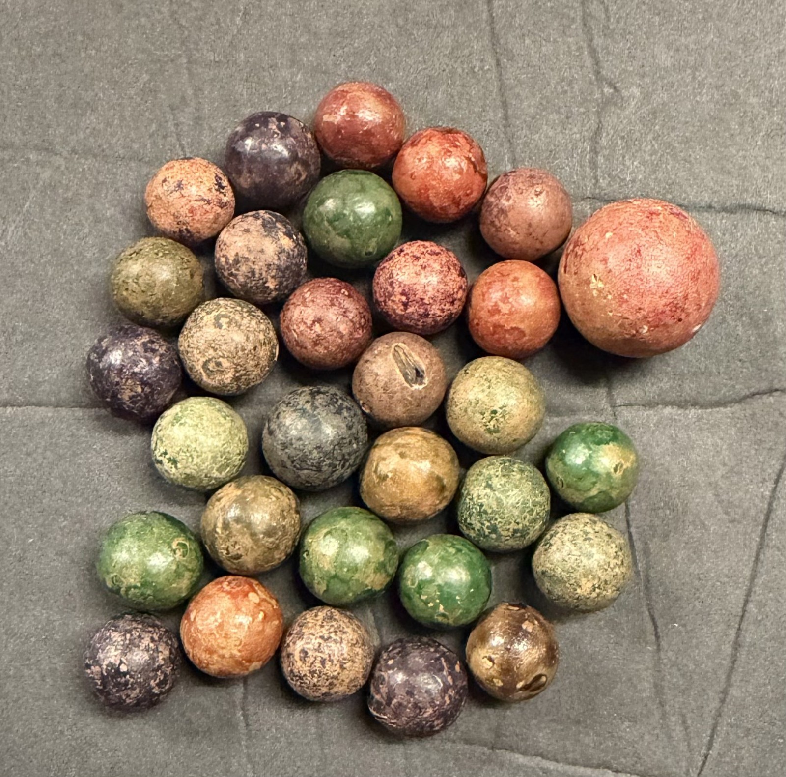Antique Clay Marbles (30) plus Shooter (1) Vintage green red brown