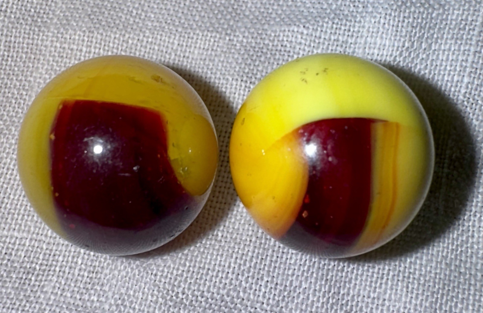 2 Vintage Akro Agate Patch Marbles, Both 0.62 in & NM+