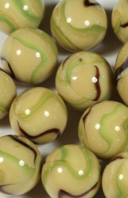 Bulk 16mm Sloth Glass Mega Marble Players Pk 50 Tan w Brown & Green Swirls Vacor