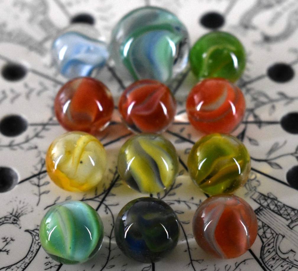 Vintage Vitro Agate 4 Vein Hybrid Cats Eye Marbles x11 Multi Color + Shooter .87