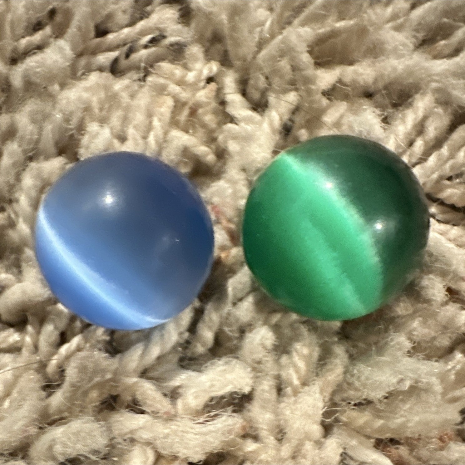 Lot of 2 Blue & Green Cat’s Eye Style Machine Made Glass Marbles
