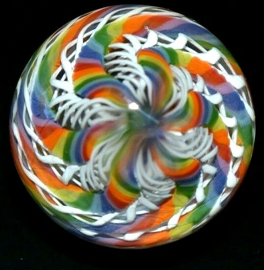 BRYAN TRILLAS GLASS MARBLE/1.316″-12 CANE LACE RAIBOW-RED,ORANGE,YELLOW,BLUE+