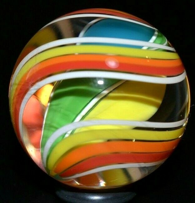 JODY FINE GLASS MARBLE/1.343″-CITRUS 3 FIN SWIRL-TURQUOISE,YELLOW,LIME,ORANGE+