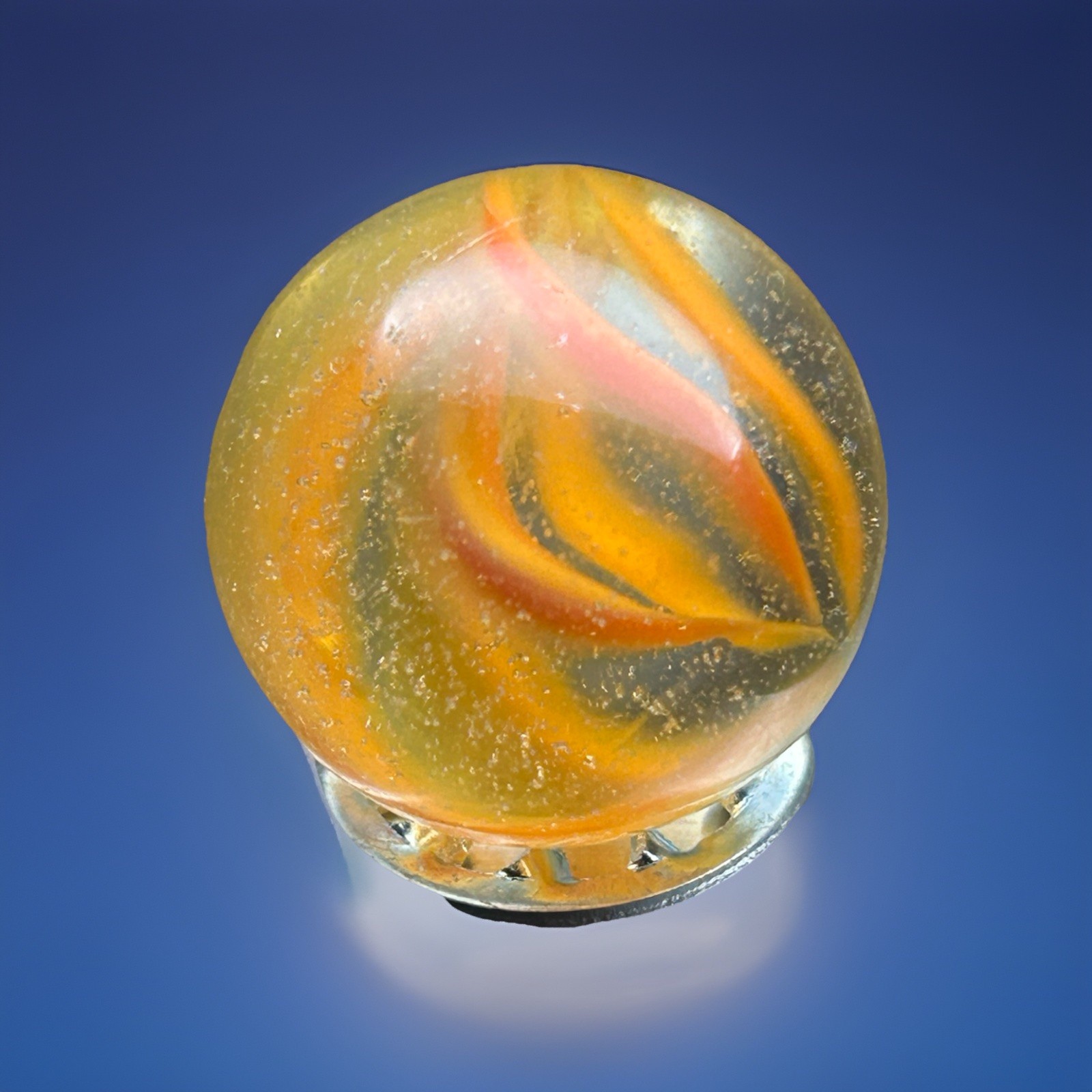 Vintage Peltier NLR Marble 13/16 Clear Base Flame Swirl-Orange And Yellow Ribbon