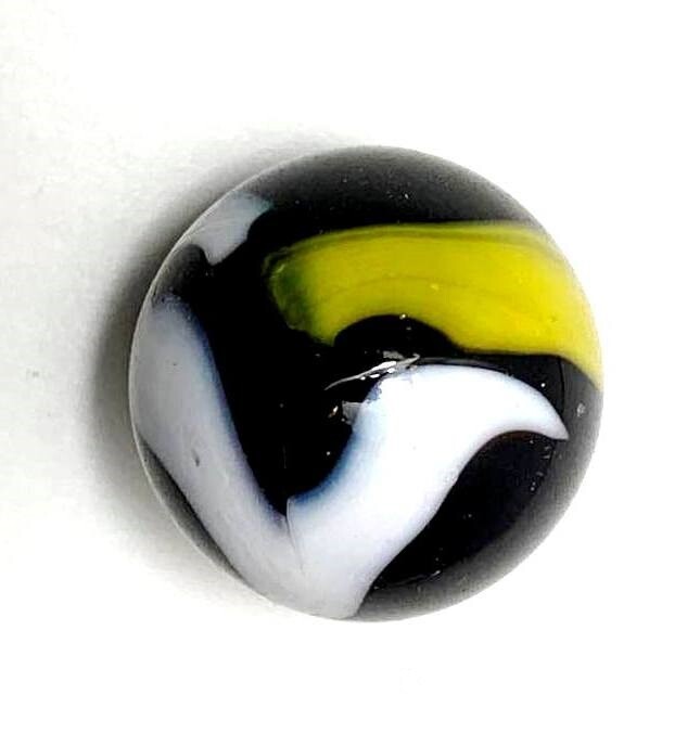 25mm Raven Glass Marble Shooter Early Edition Black wYellow & White Swirls 2003