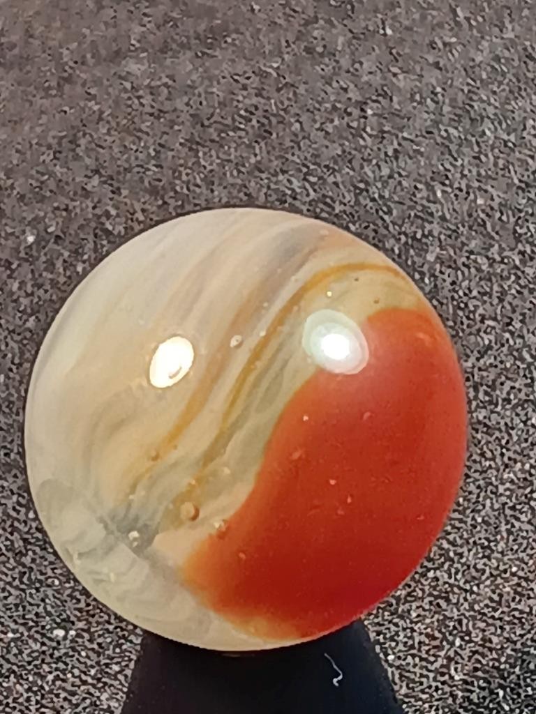5/8″ Vitro Agate Cardinal Red Patch Wispy White on Clear NM Serious Marble A699
