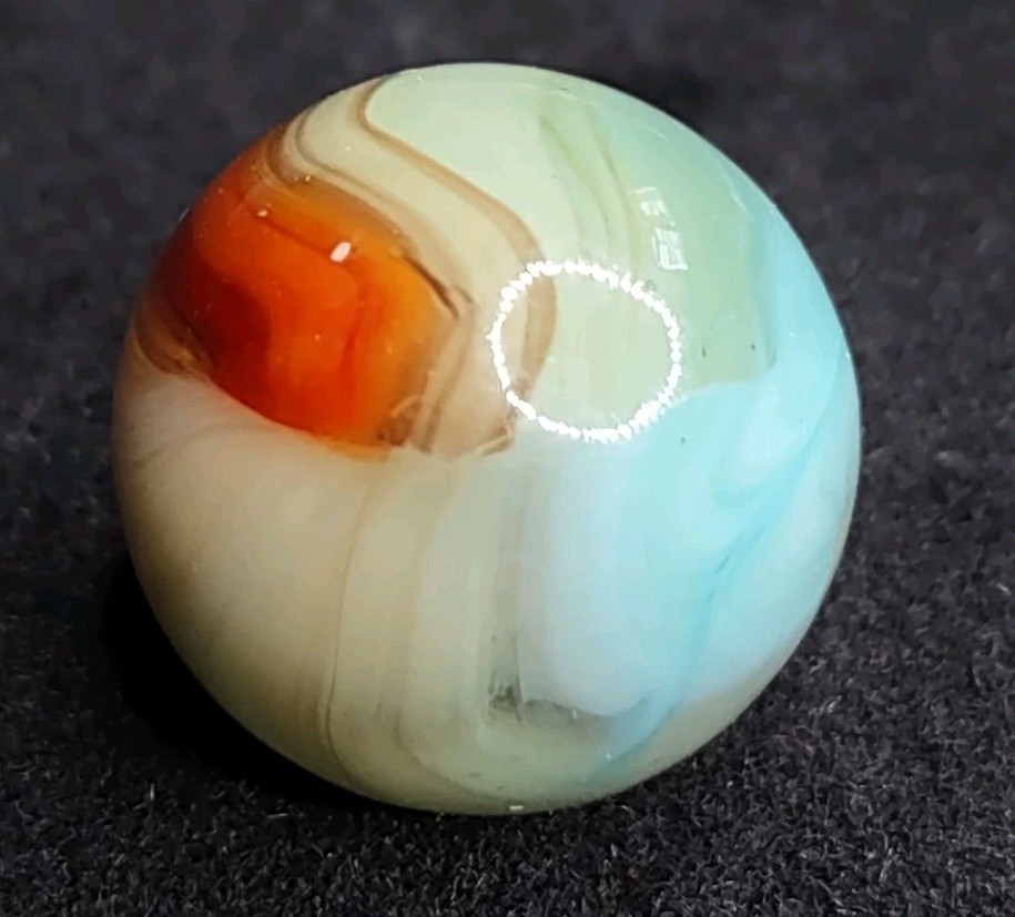 Aquamarine Blue & Red & Tan TRILITE Ribbon Swirl Glass Vitro Vintage Marble .62″