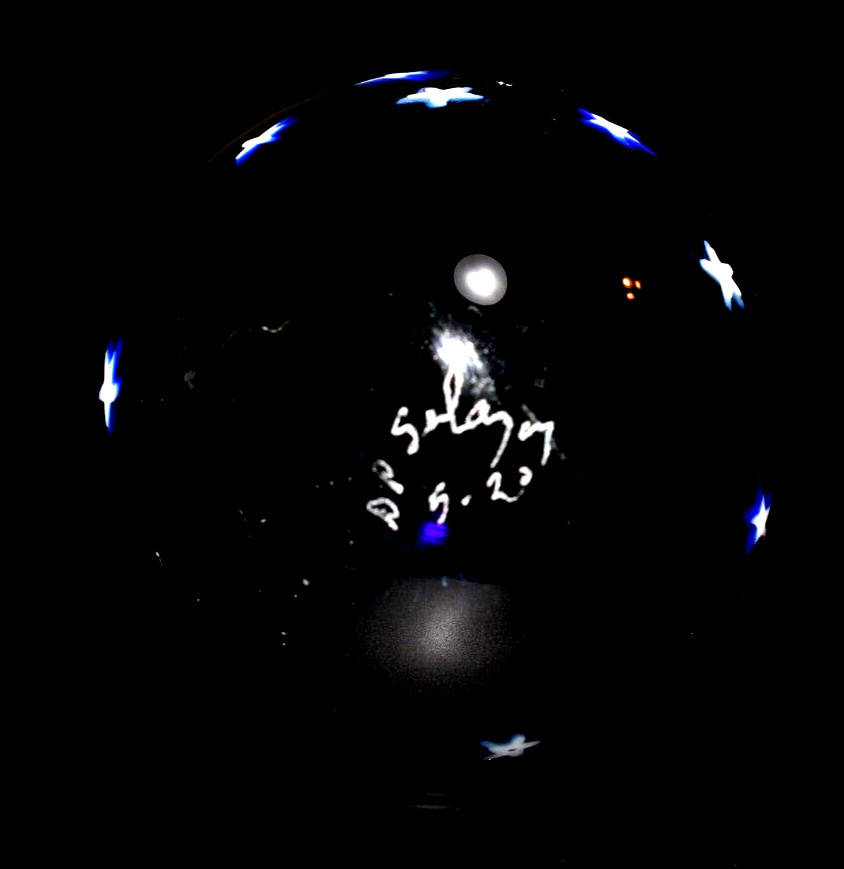 DAVID P. SALAZAR GLASS MARBLE/2.009″-MOON & STARS-TRANS.ROYAL,SUNFLOWER CRESCENT