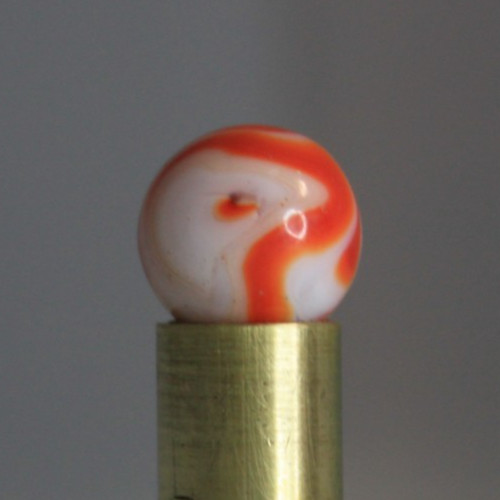 PELTIER GLASS MARBLE RED FLAME SPIRAL ZEBRA OPAQUE WHITE 5/8″ VINTAGE TARGET