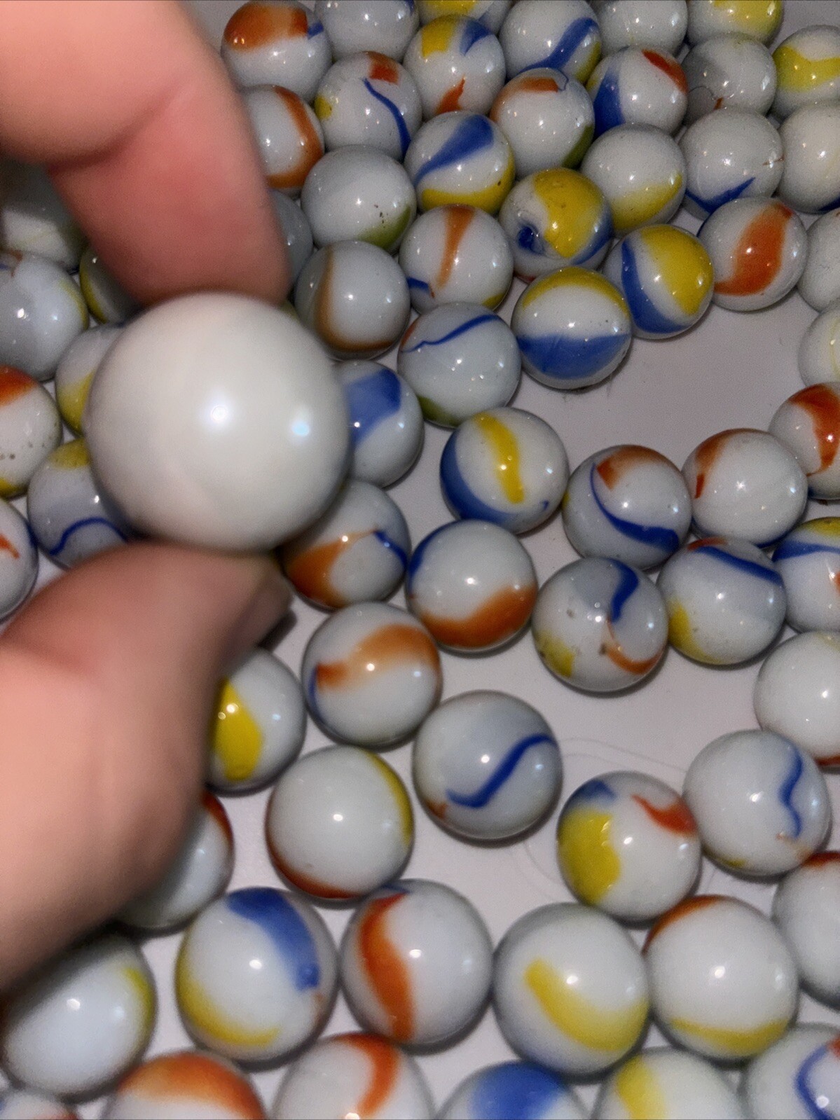 100+ Glass Marbles Opaque White Ribbon Swirls Blue Orange Yellow + White Shooter