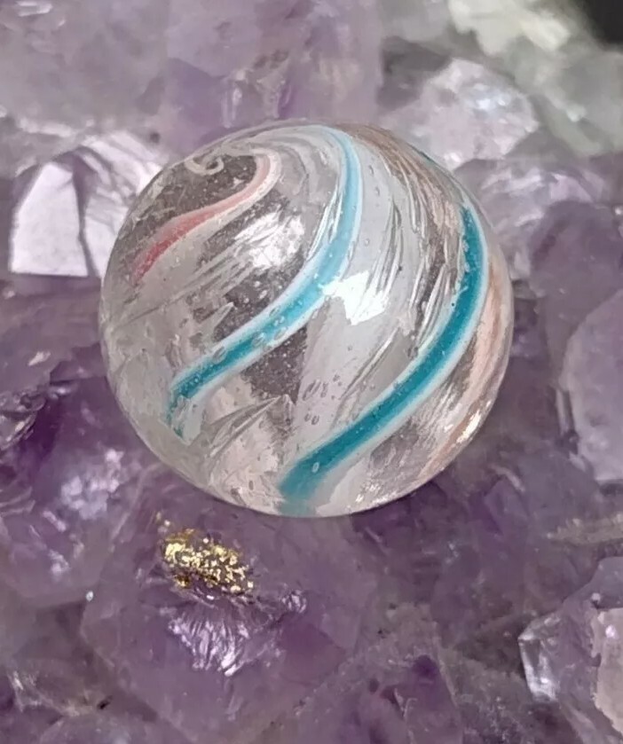 Beautiful Turquoise & PINK / SOLID Swirl Handmade German Marbles .48″ NM Peewee