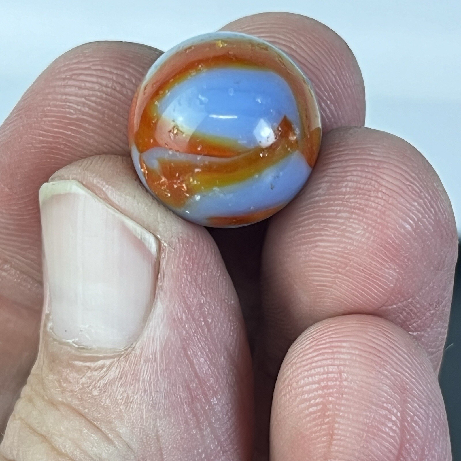 Vintage Akro Agate Peltier Art Swirl Glass Marble .63” Orange Black White