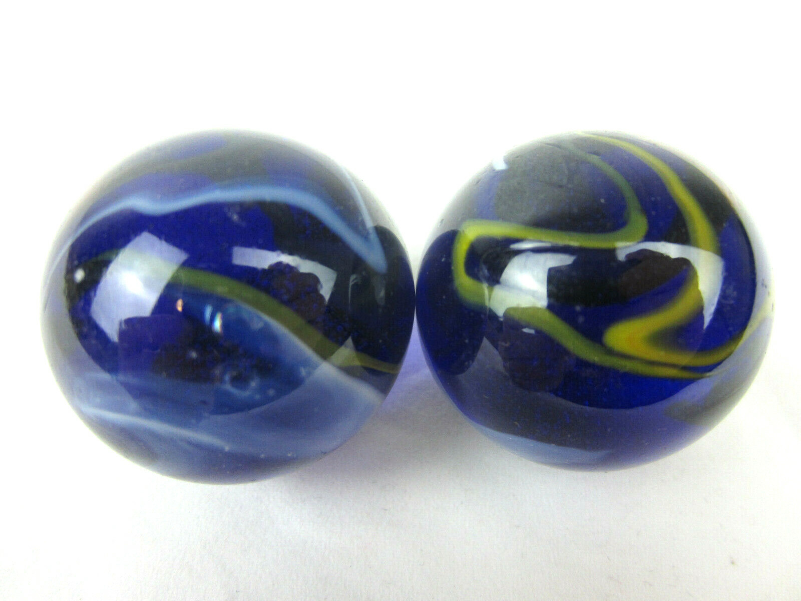 2 BOULDERS 35mm MICHELANGELO Marbles glass Clear Cobalt Blue LARGE HUGE Swirl