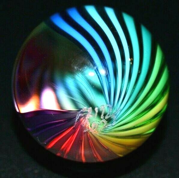 FRITZ LAUENSTEIN GLASS MARBLE/1.140″-3/4 RAINBOW WEIRDO-1/4 IS CLEAR VIEW-CENTER