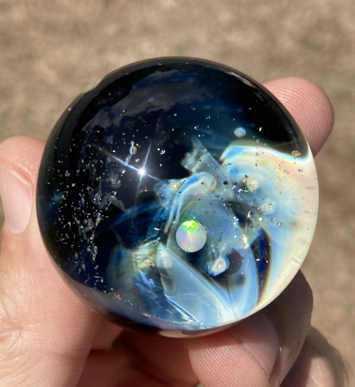 Glass Boro Marble Space Theme W/ Rainbow Opal Size 39mm Sculpture Art Gold Fume
